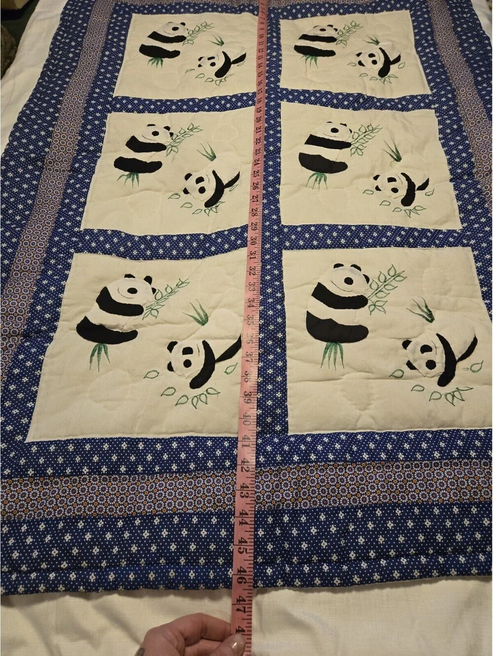 Cute Panda Bear Handmade Baby Quilt Blue Geometric Border Nursery Crib Blanket